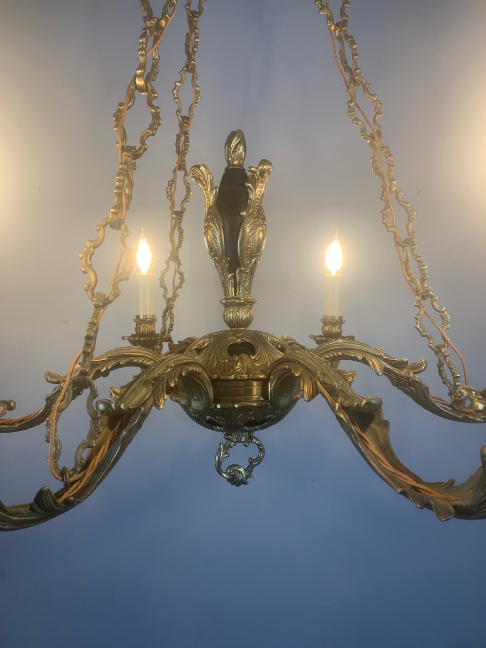 French 6 Light Bronze Antique Chandelier on Chains, Rewired  View X