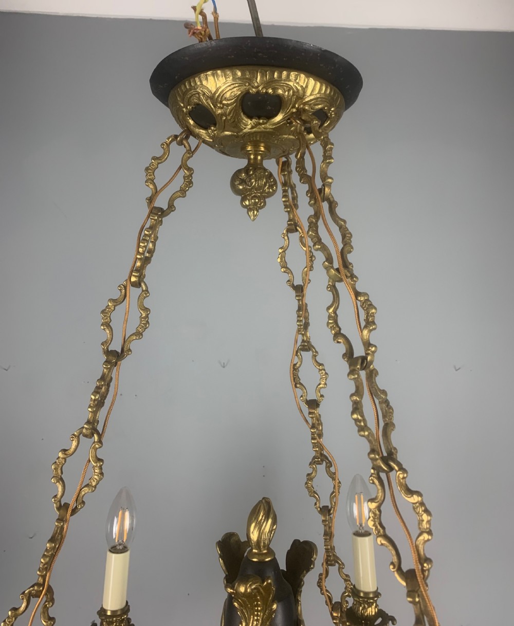 French 6 Light Bronze Antique Chandelier on Chains, Rewired  View XI