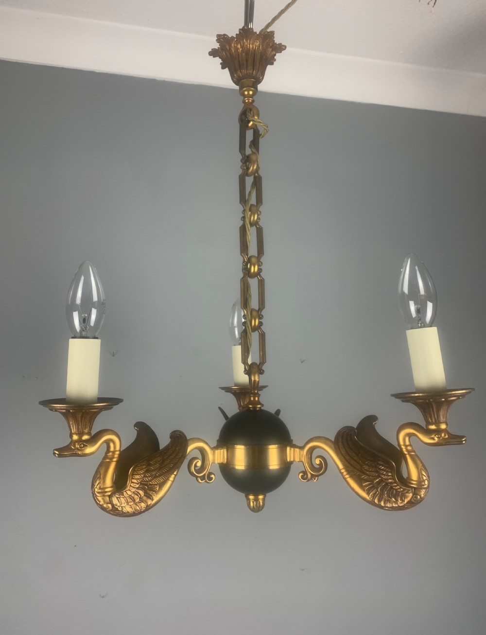 French Empire Antique Chandelier, Ceiling Light, 3 Arm View II