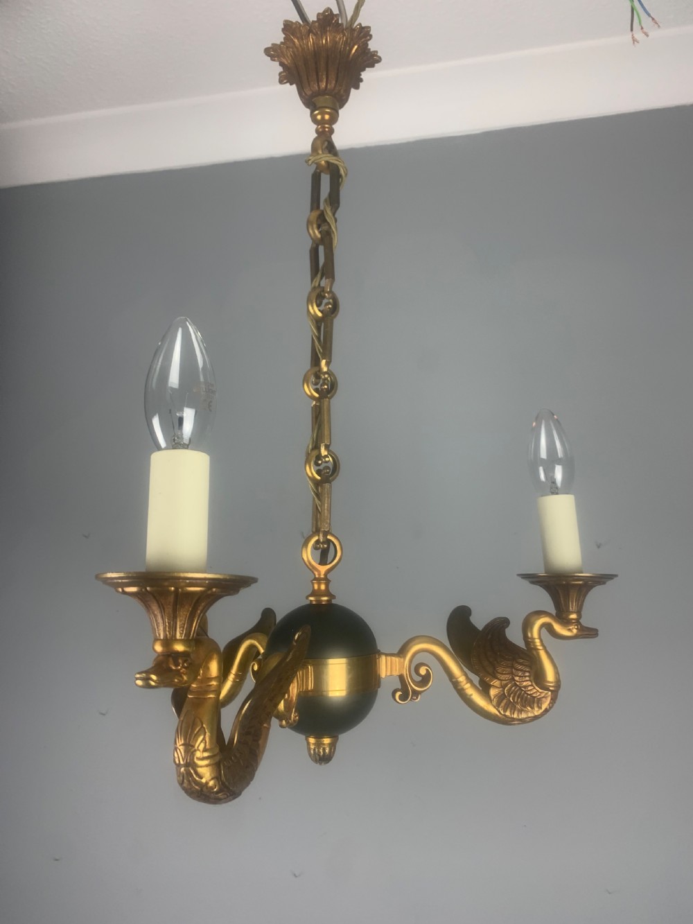 French Empire Antique Chandelier, Ceiling Light, 3 Arm View IV