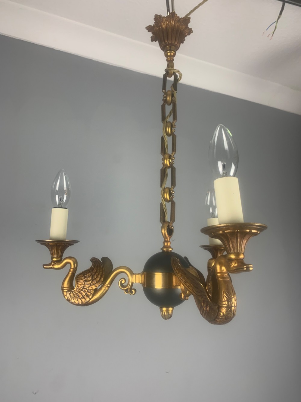 French Empire Antique Chandelier, Ceiling Light, 3 Arm View V