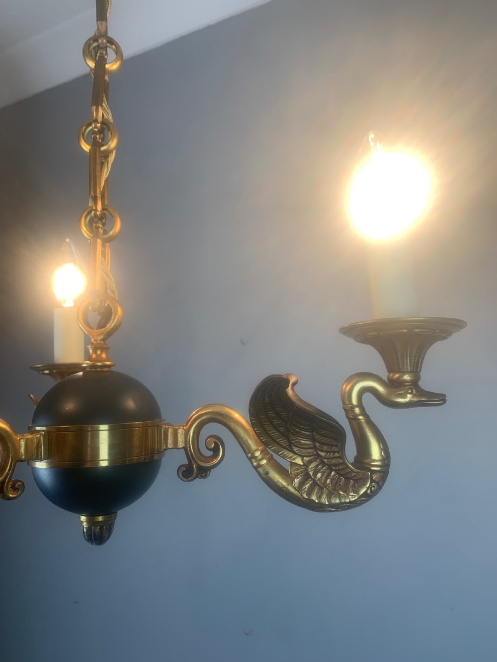 French Empire Antique Chandelier, Ceiling Light, 3 Arm View VIII