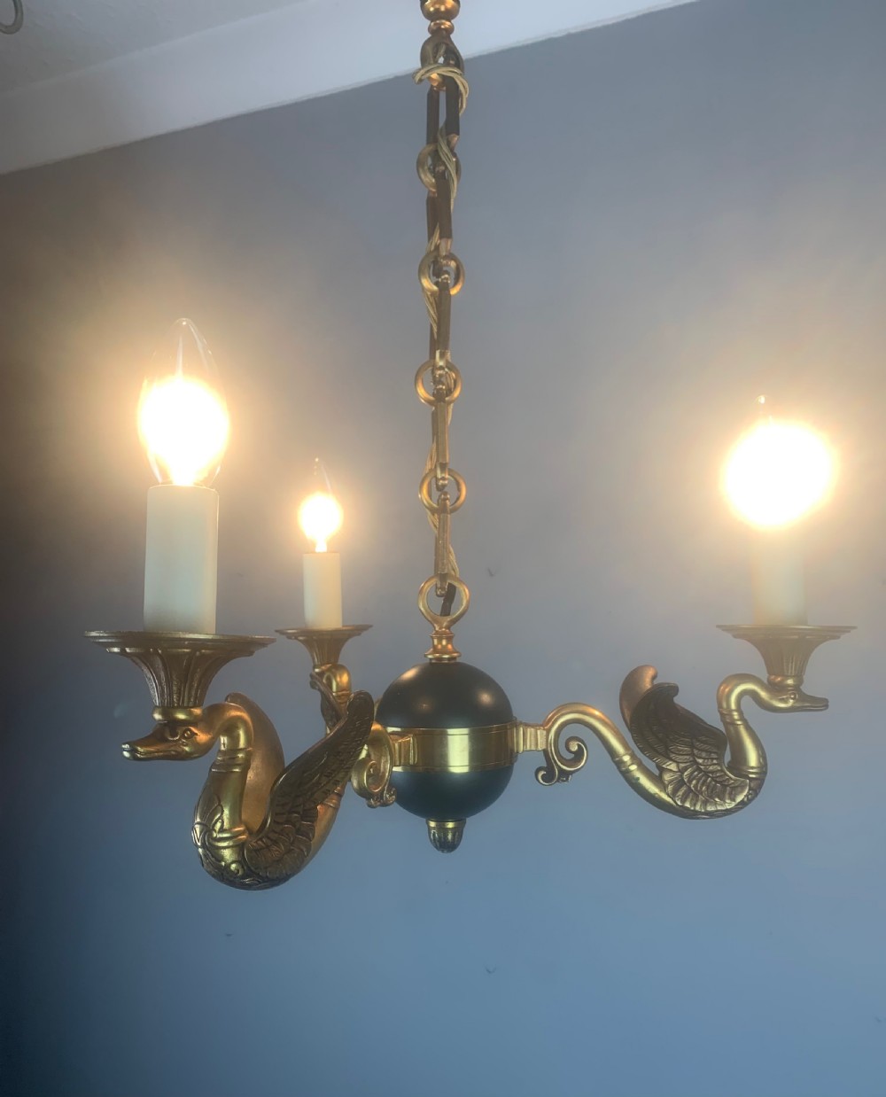 French Empire Antique Chandelier, Ceiling Light, 3 Arm View IX