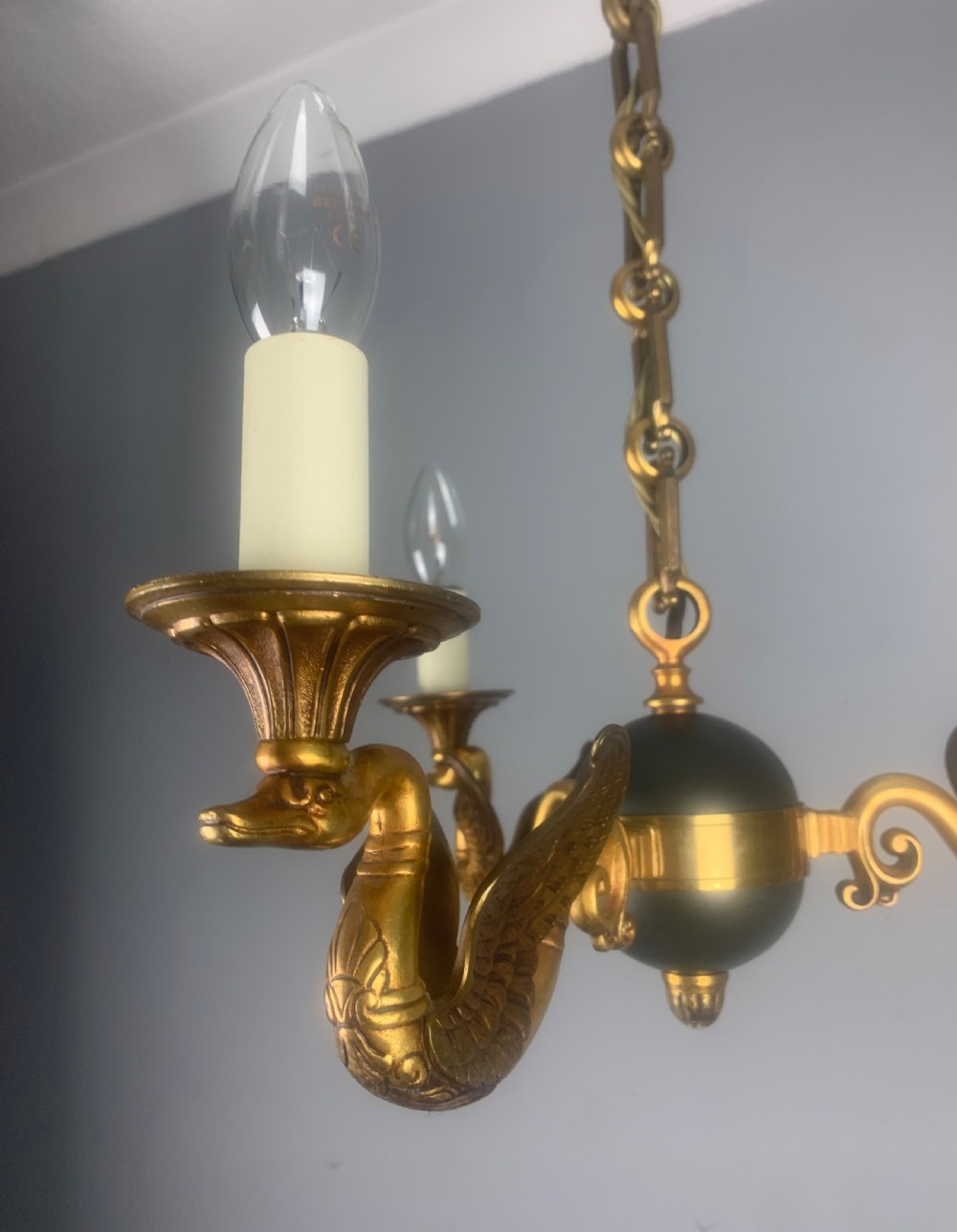 French Empire Antique Chandelier, Ceiling Light, 3 Arm View XII