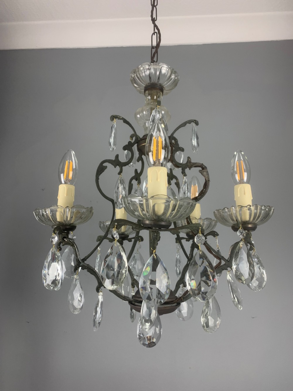 French Aged Brass 5 Arm Antique Birdcage Chandelier  View III
