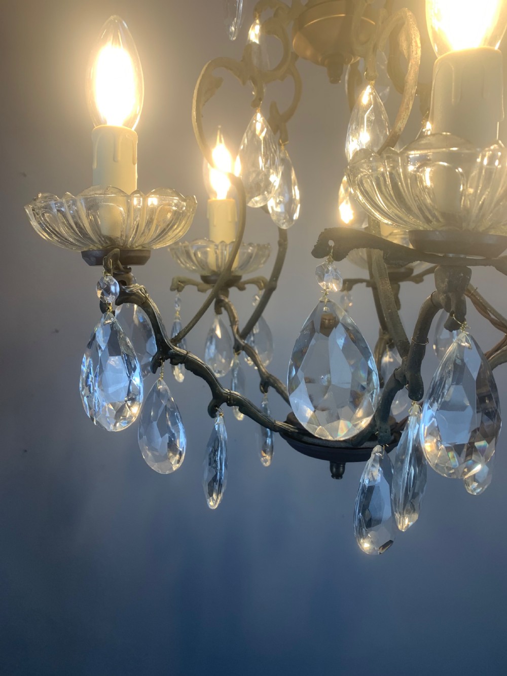 French Aged Brass 5 Arm Antique Birdcage Chandelier  View IV