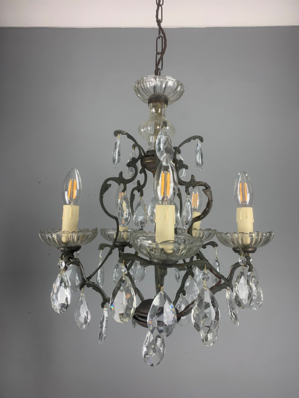 French Aged Brass 5 Arm Antique Birdcage Chandelier  View V