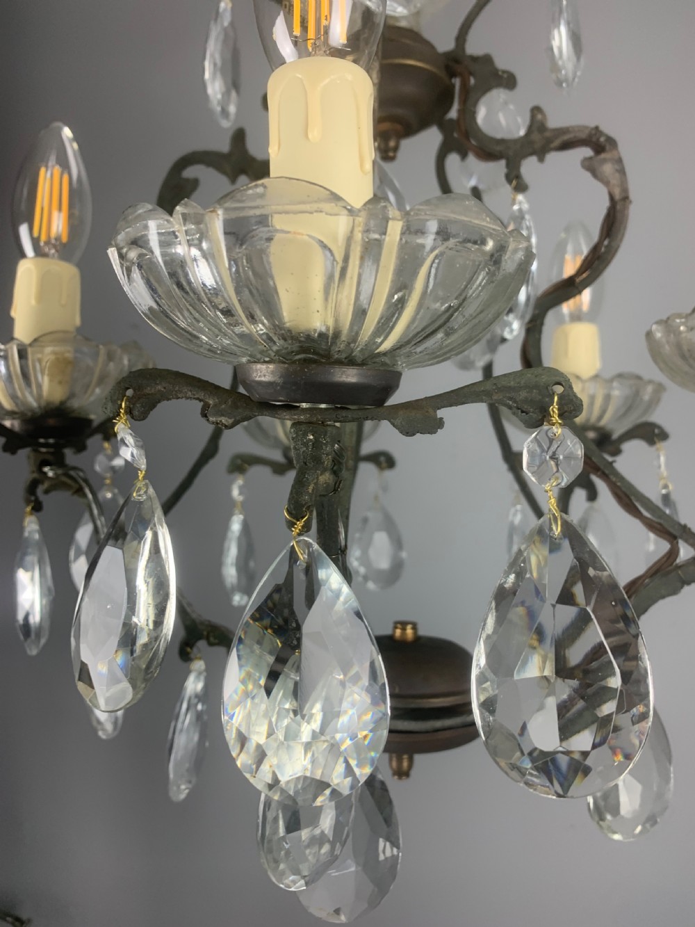 French Aged Brass 5 Arm Antique Birdcage Chandelier  View VI