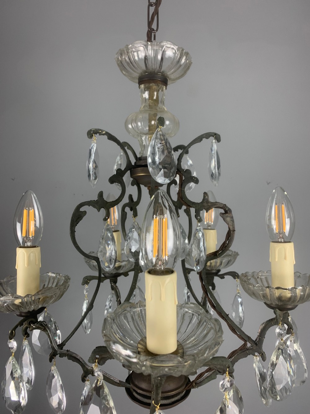 French Aged Brass 5 Arm Antique Birdcage Chandelier  View IX