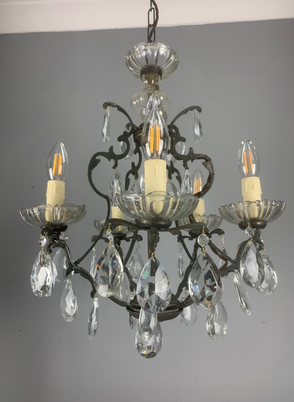 French Aged Brass 5 Arm Antique Birdcage Chandelier  View X