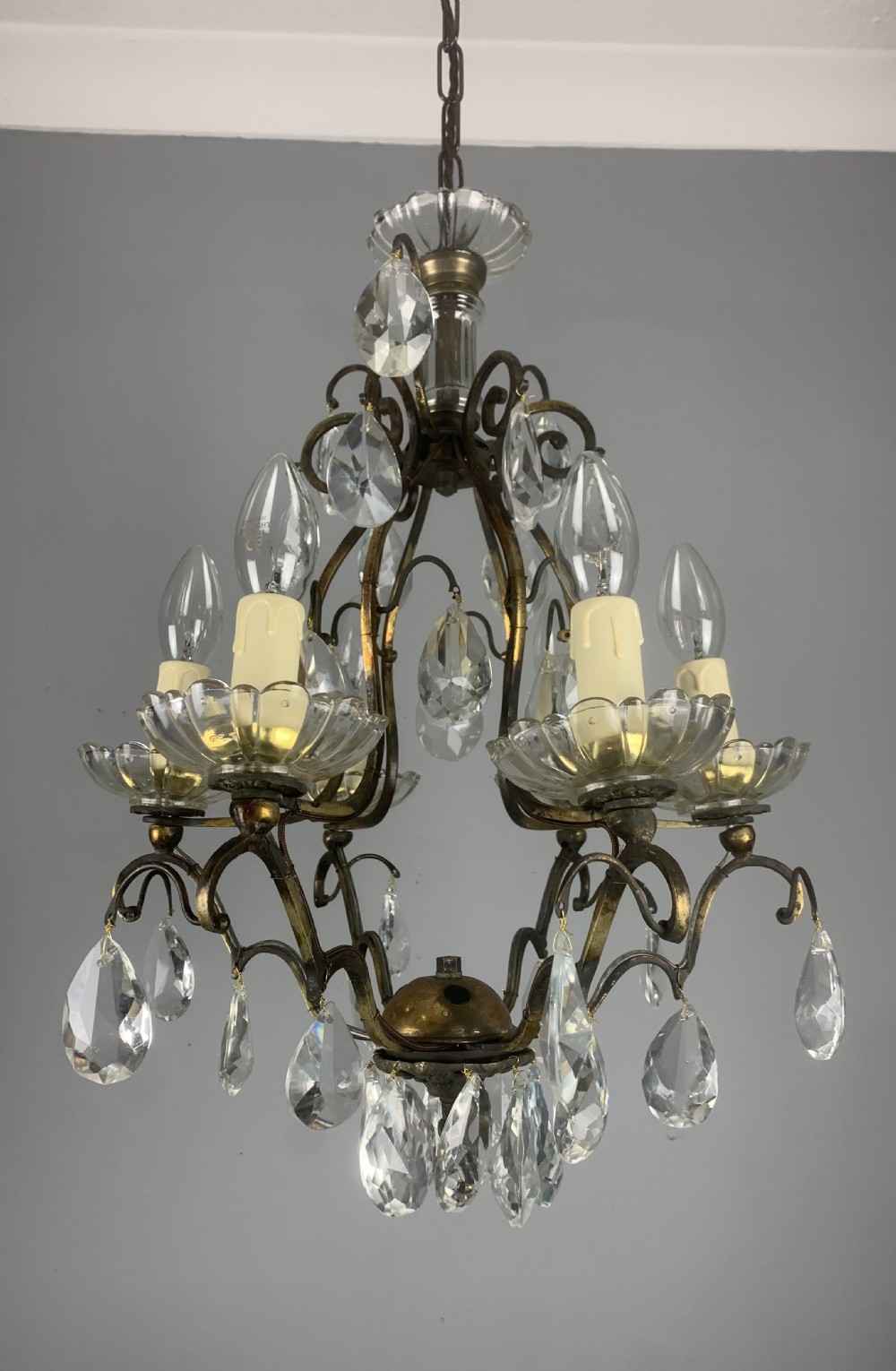 French Aged Brass 6 Arm Antique Birdcage Chandelier