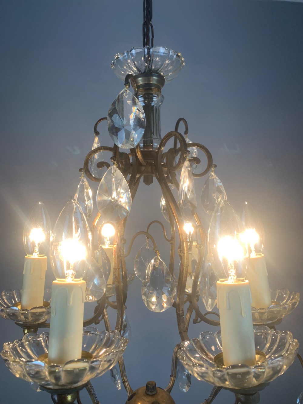 French Aged Brass 6 Arm Antique Birdcage Chandelier View III
