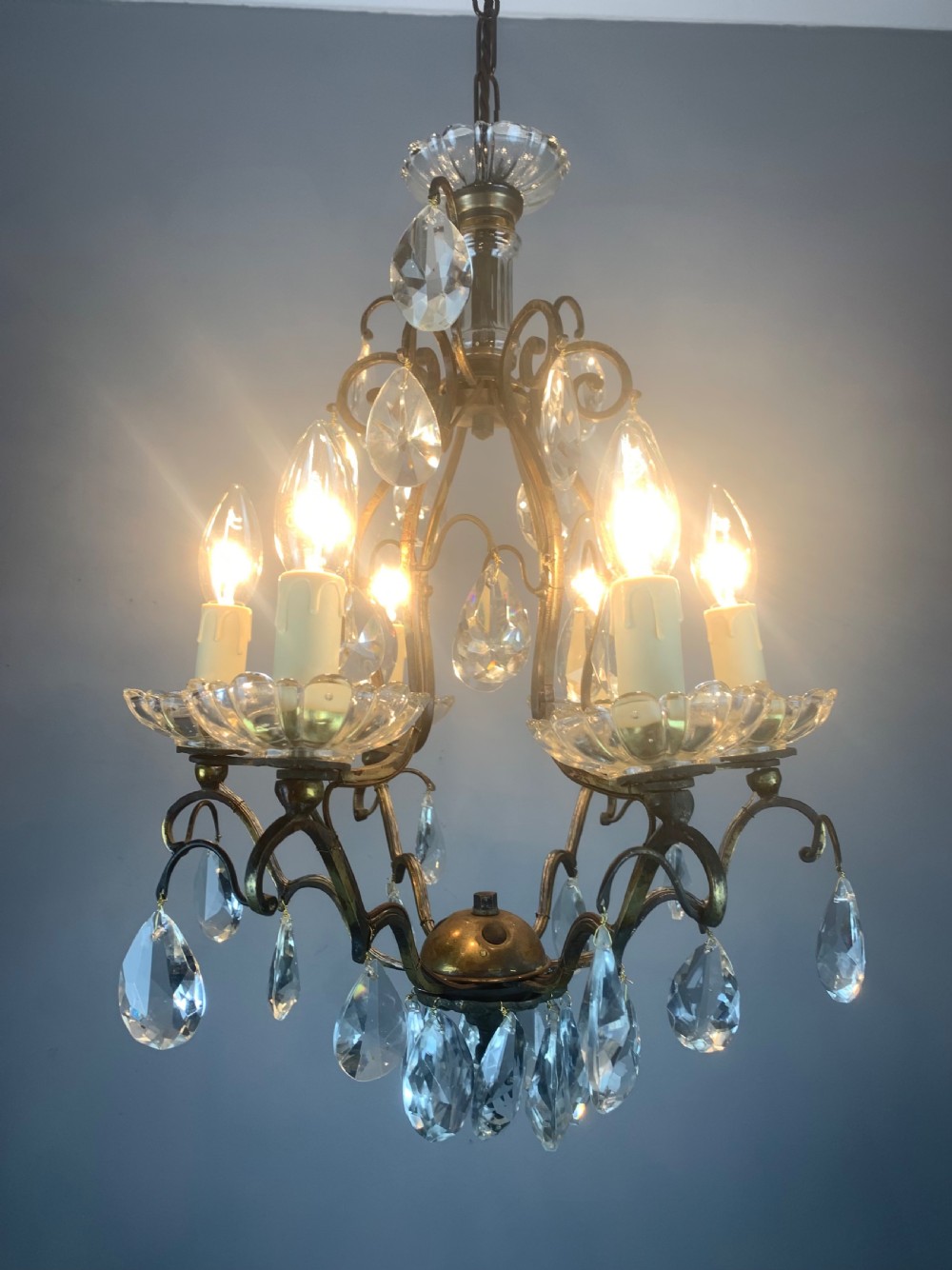 French Aged Brass 6 Arm Antique Birdcage Chandelier View IV
