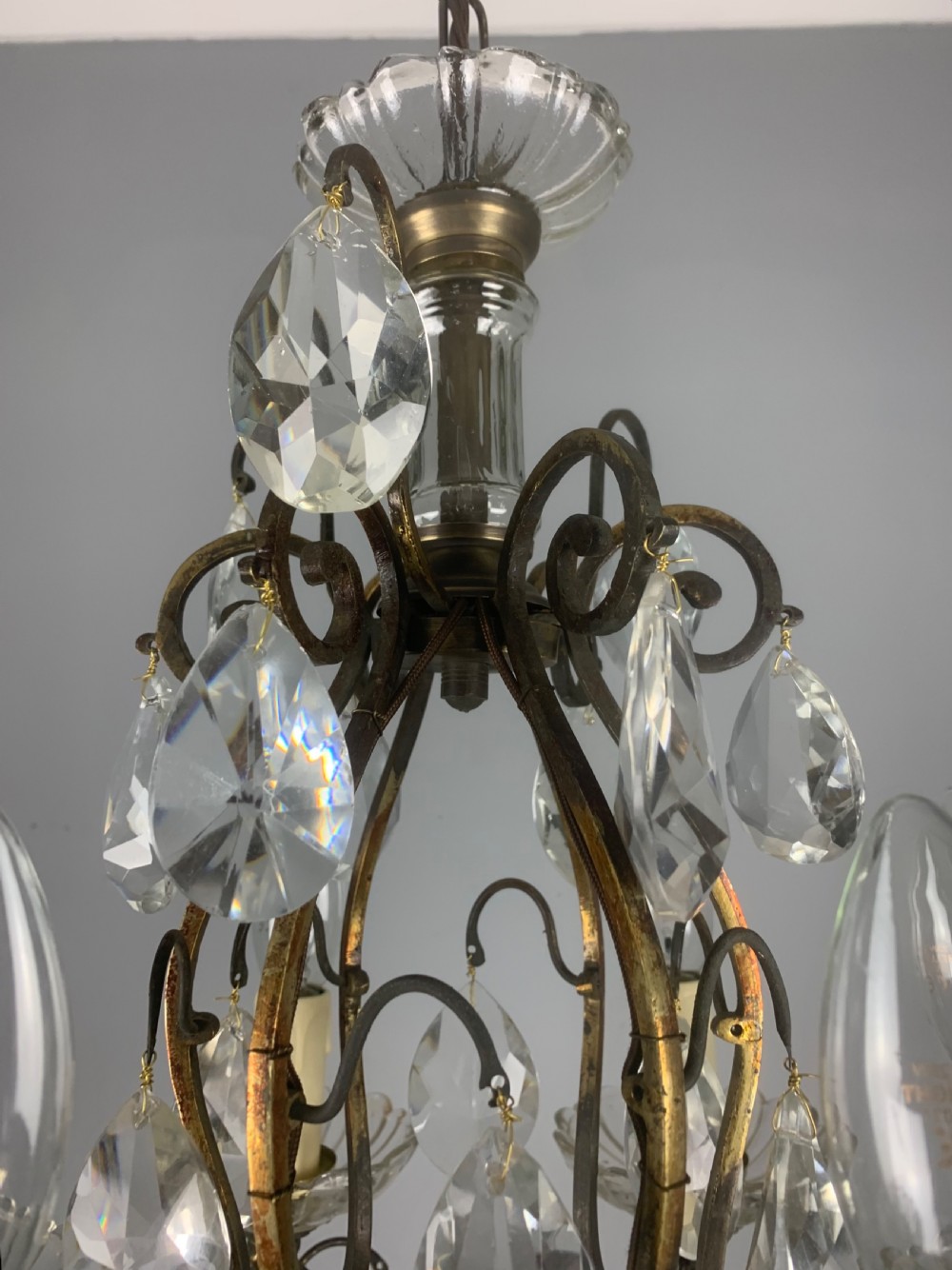 French Aged Brass 6 Arm Antique Birdcage Chandelier View V