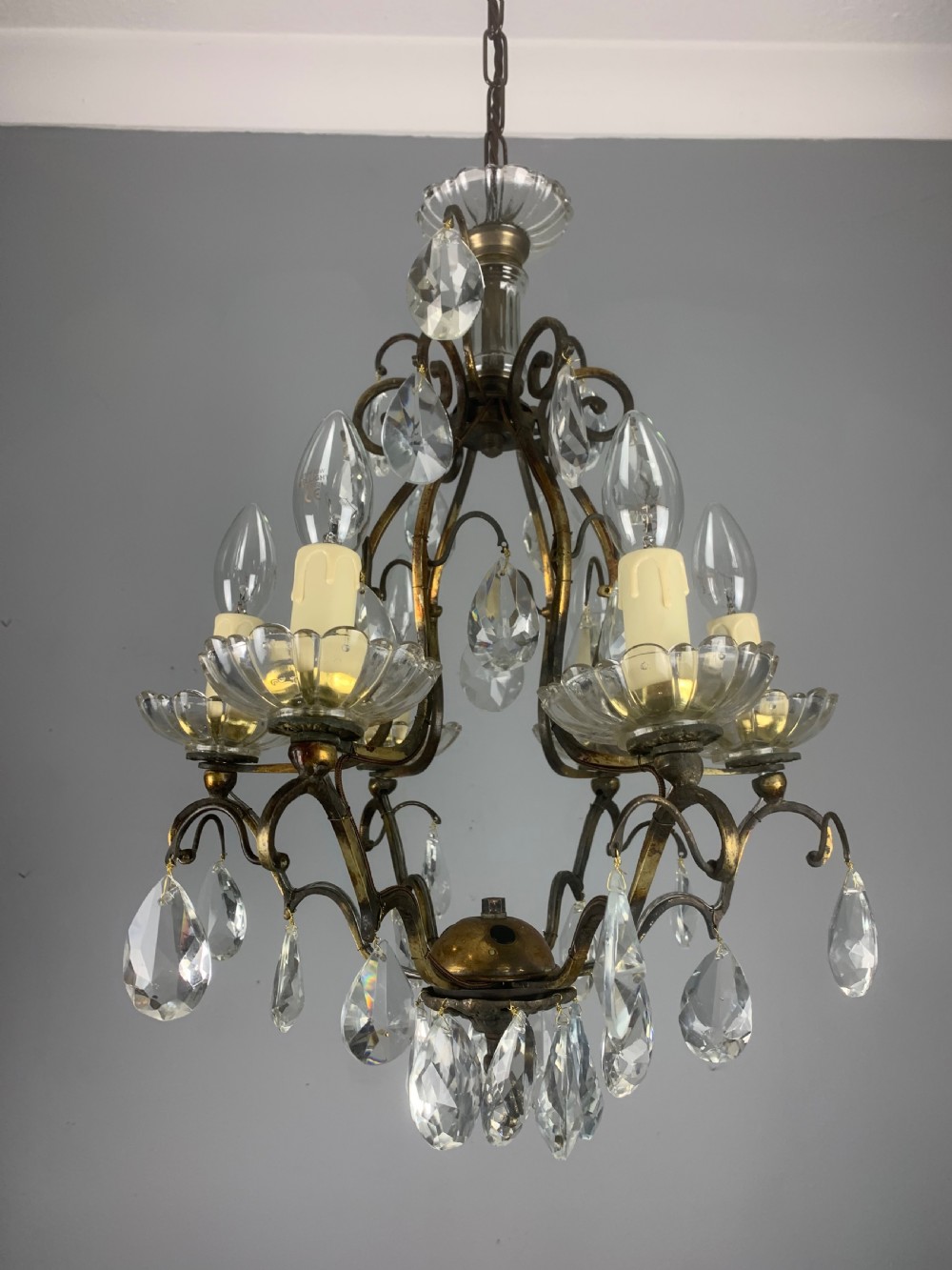 French Aged Brass 6 Arm Antique Birdcage Chandelier View VII