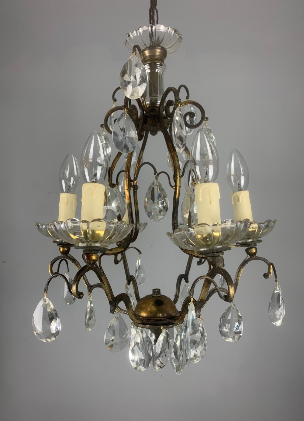 French Aged Brass 6 Arm Antique Birdcage Chandelier View X