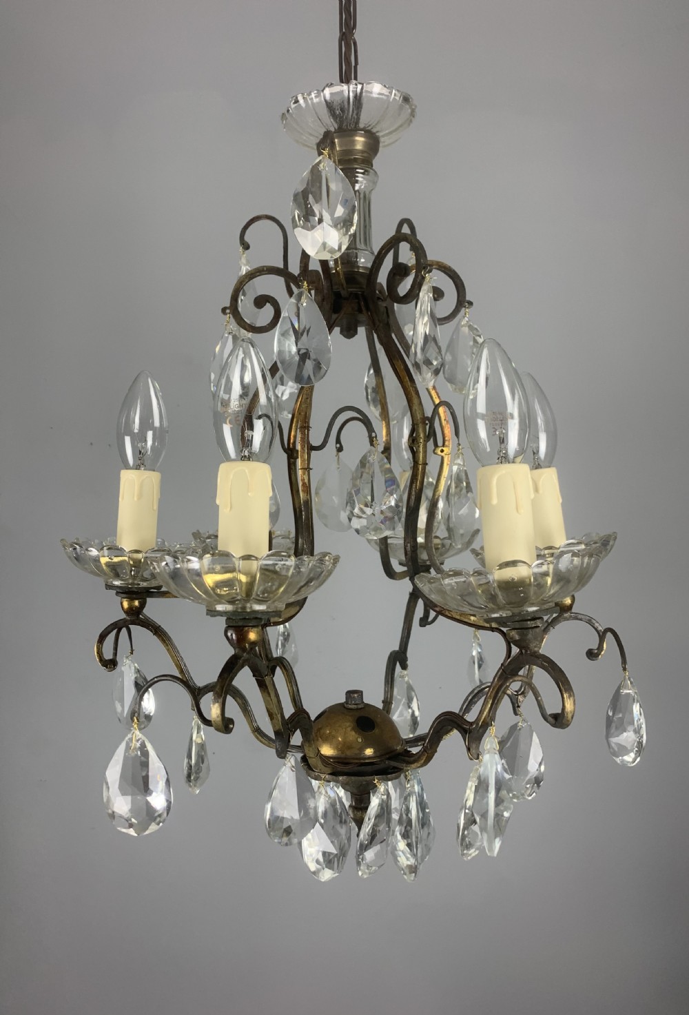 French Aged Brass 6 Arm Antique Birdcage Chandelier View XI