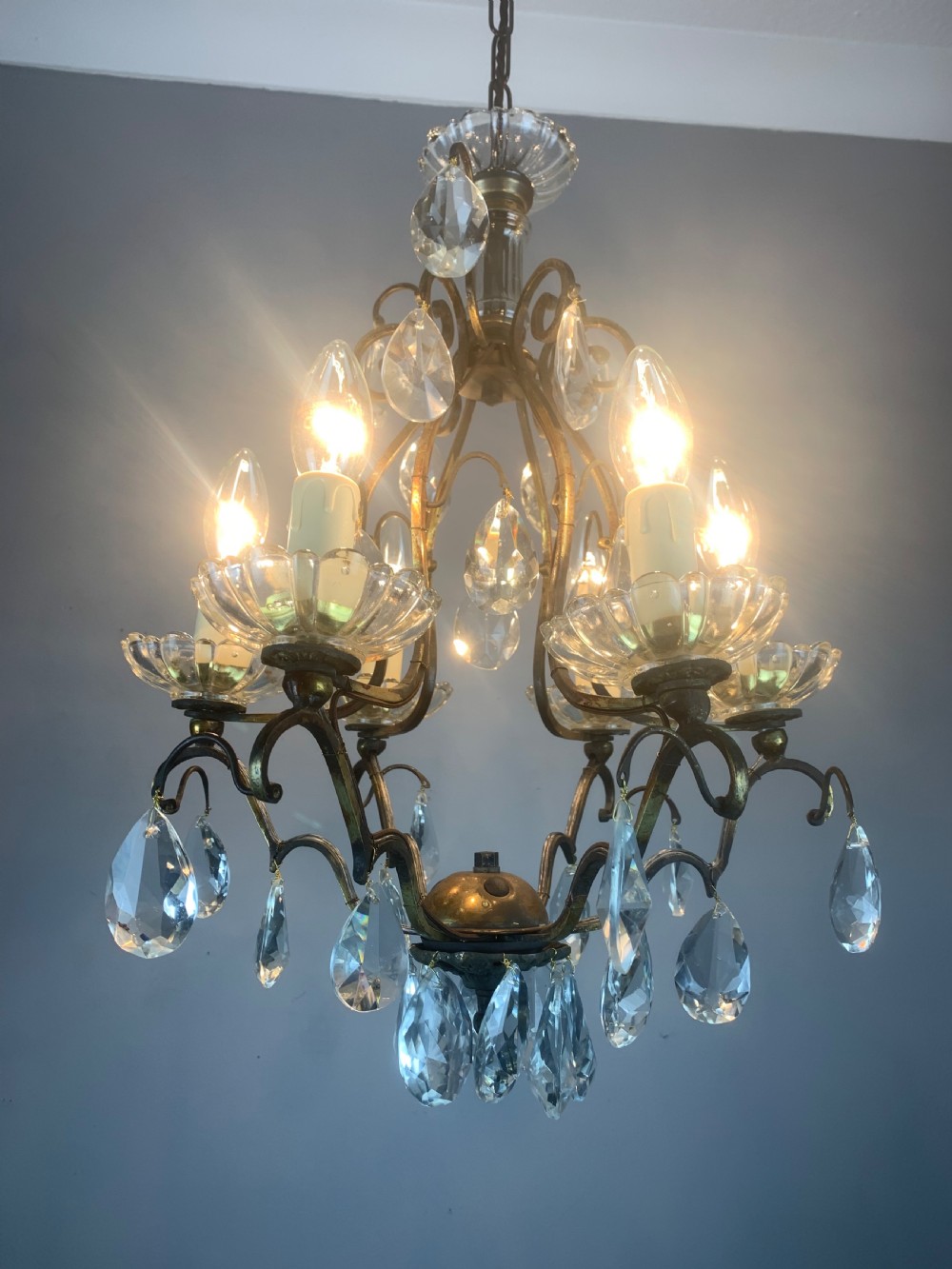 French Aged Brass 6 Arm Antique Birdcage Chandelier View XII