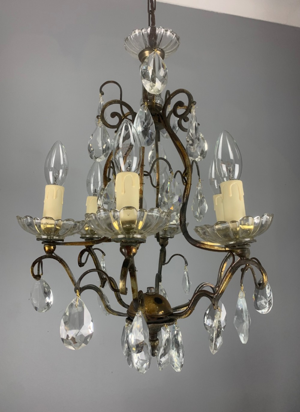 French Aged Brass 6 Arm Antique Birdcage Chandelier View XIII