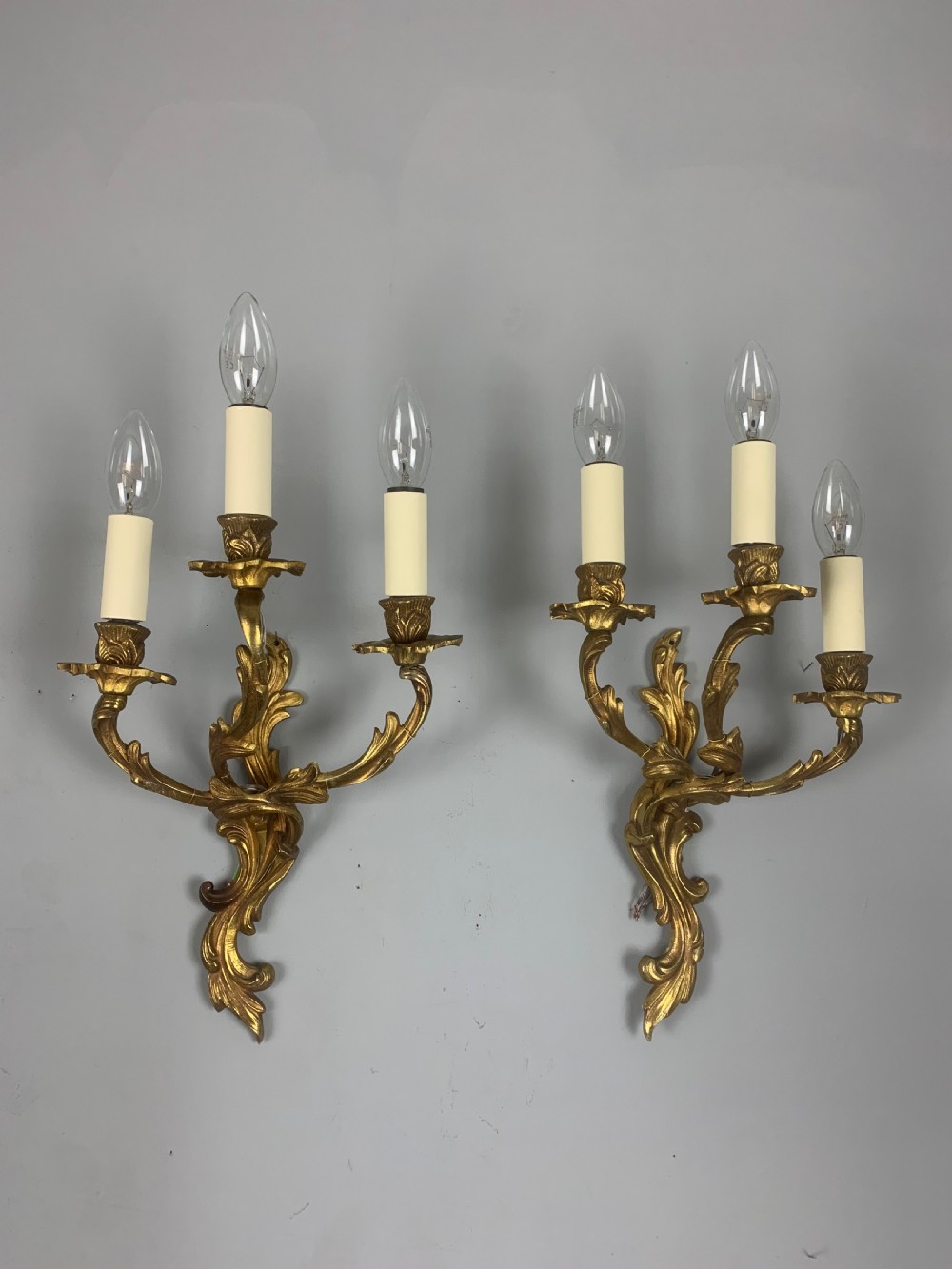 French Pair Of Triple Arm Gilt Brass Antique Wall Lights, Rewired