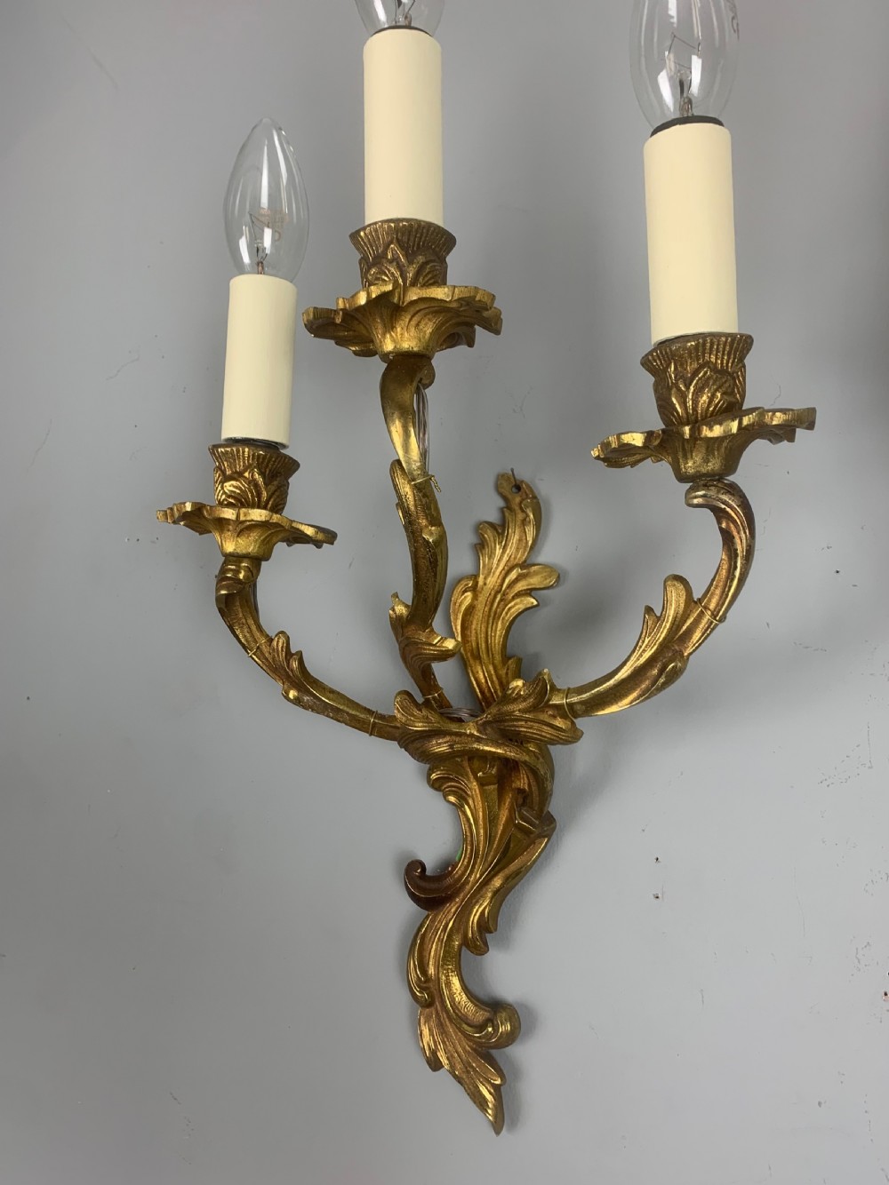 French Pair Of Triple Arm Gilt Brass Antique Wall Lights, Rewired View II