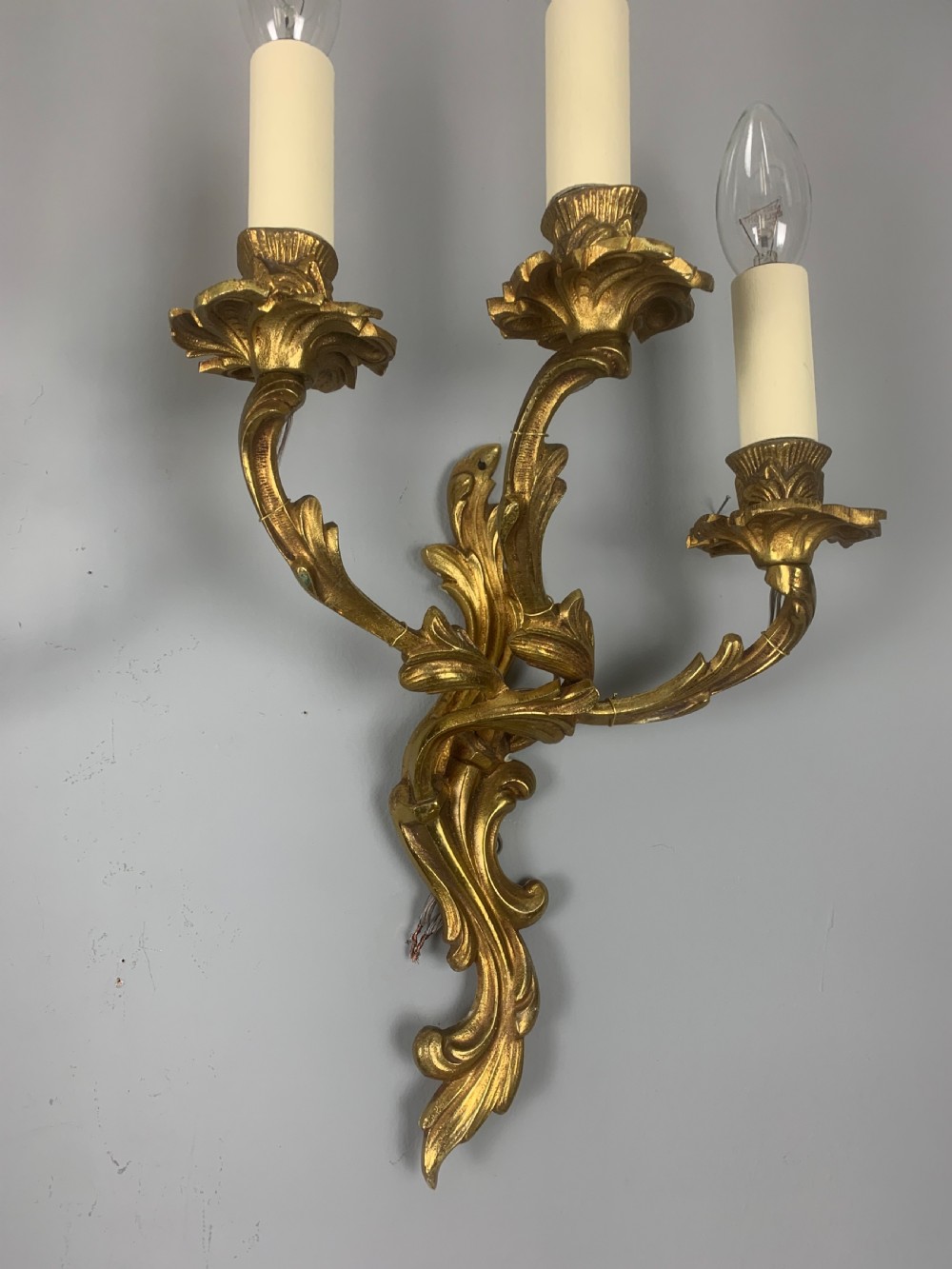 French Pair Of Triple Arm Gilt Brass Antique Wall Lights, Rewired View III