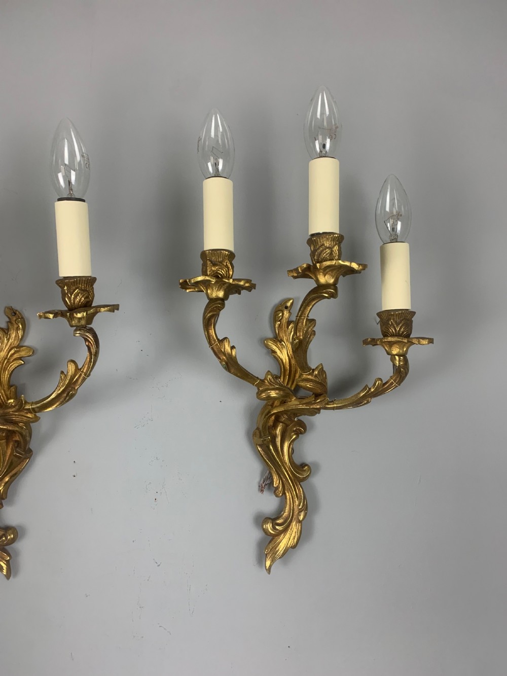 French Pair Of Triple Arm Gilt Brass Antique Wall Lights, Rewired View IV