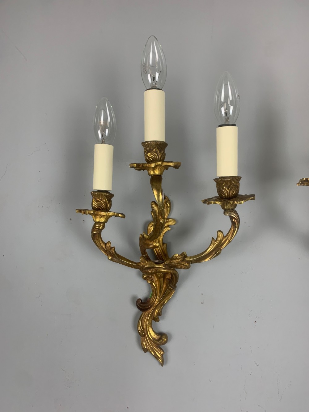 French Pair Of Triple Arm Gilt Brass Antique Wall Lights, Rewired View V