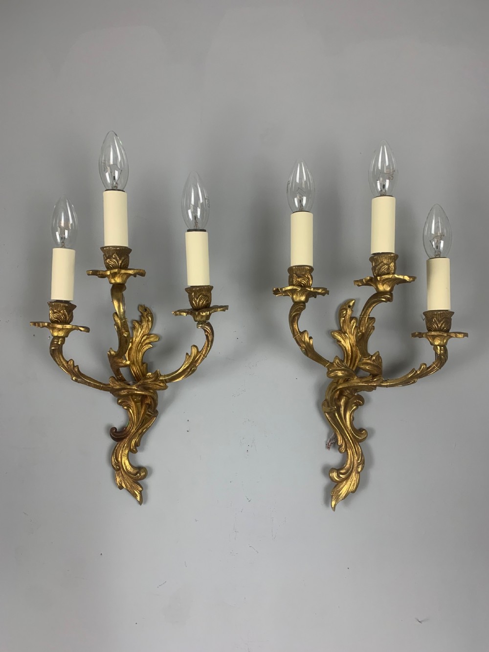 French Pair Of Triple Arm Gilt Brass Antique Wall Lights, Rewired View VI