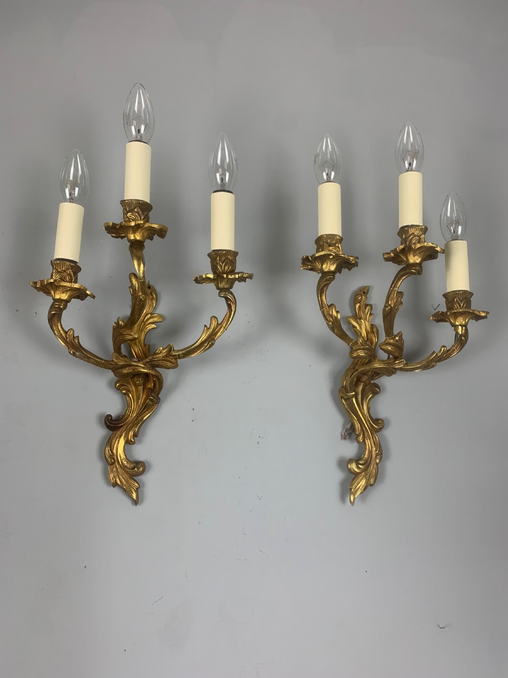 French Pair Of Triple Arm Gilt Brass Antique Wall Lights, Rewired View VII