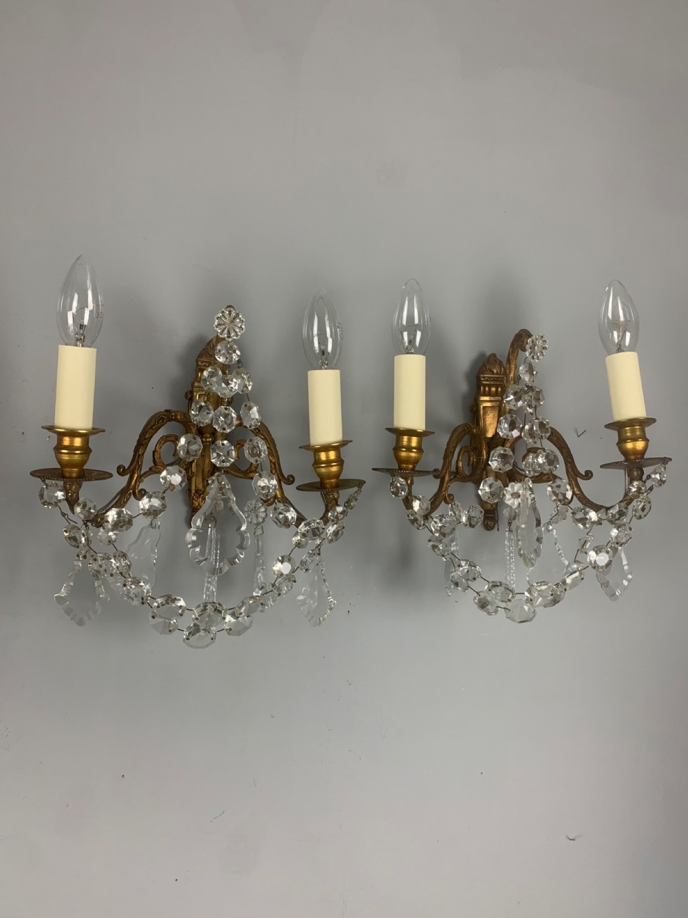 Pair of French Antique Wall Lights with Crystals
