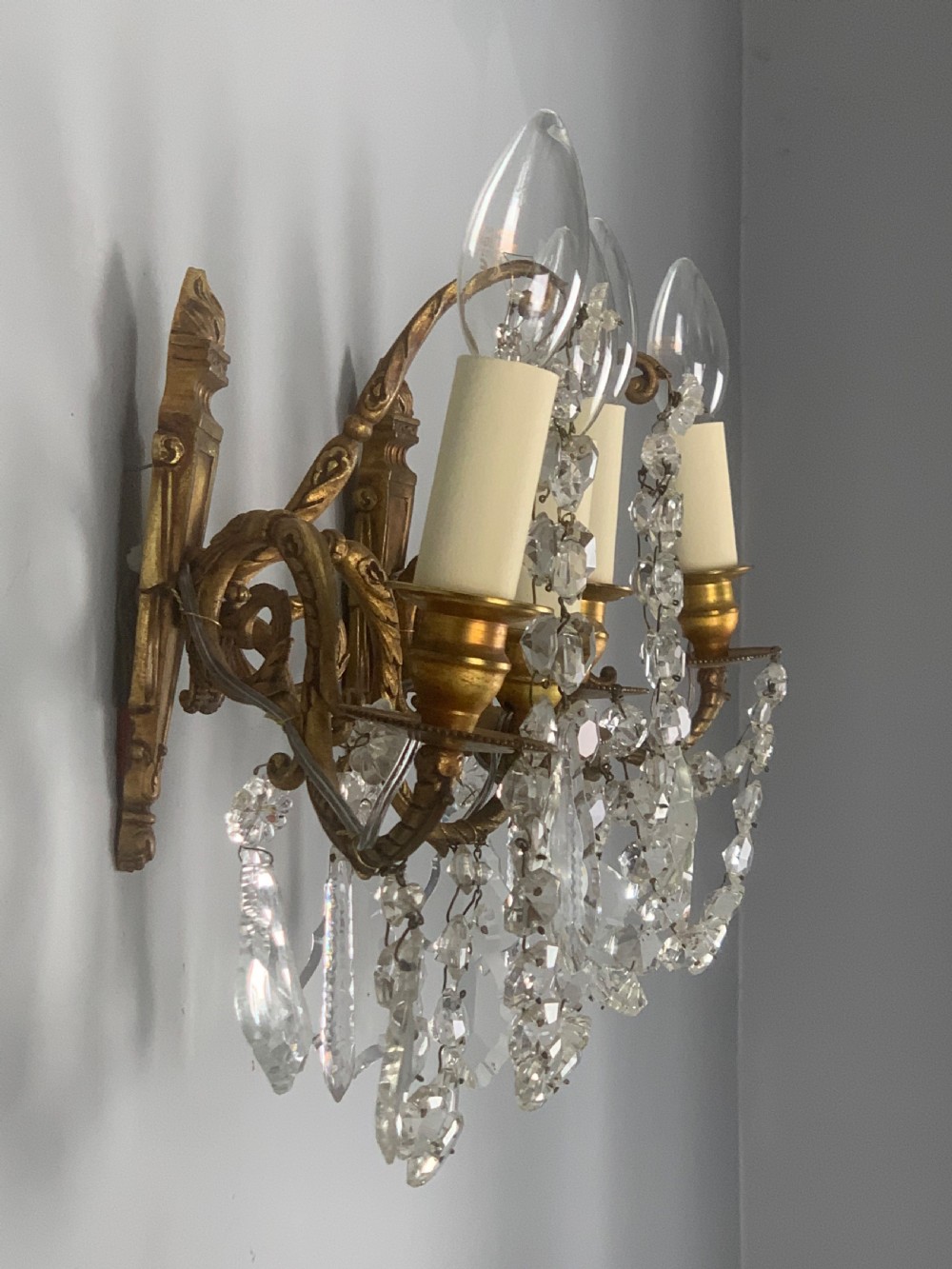 Pair of French Antique Wall Lights with Crystals View II