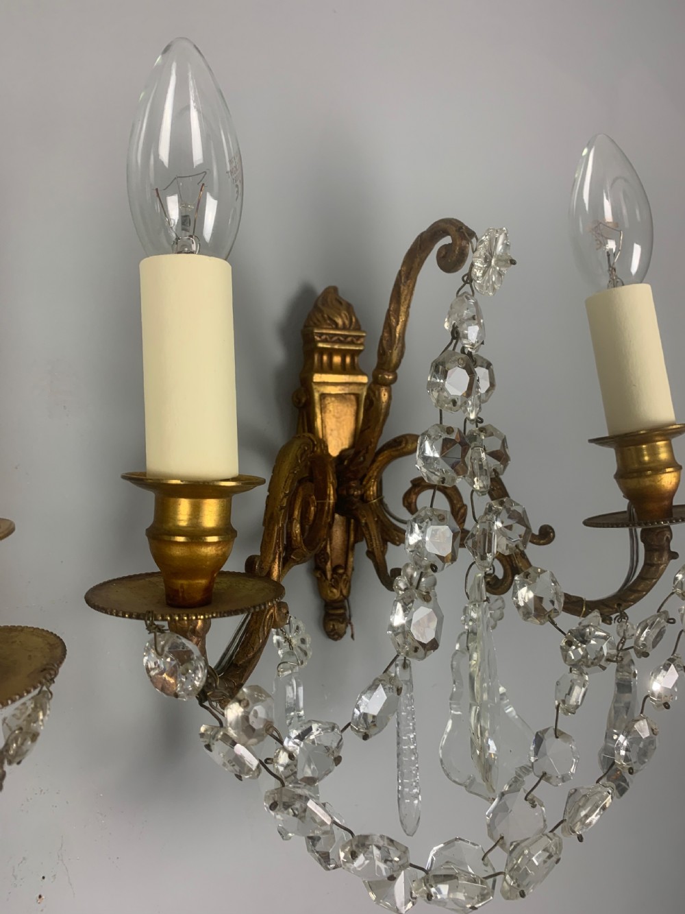 Pair of French Antique Wall Lights with Crystals View III