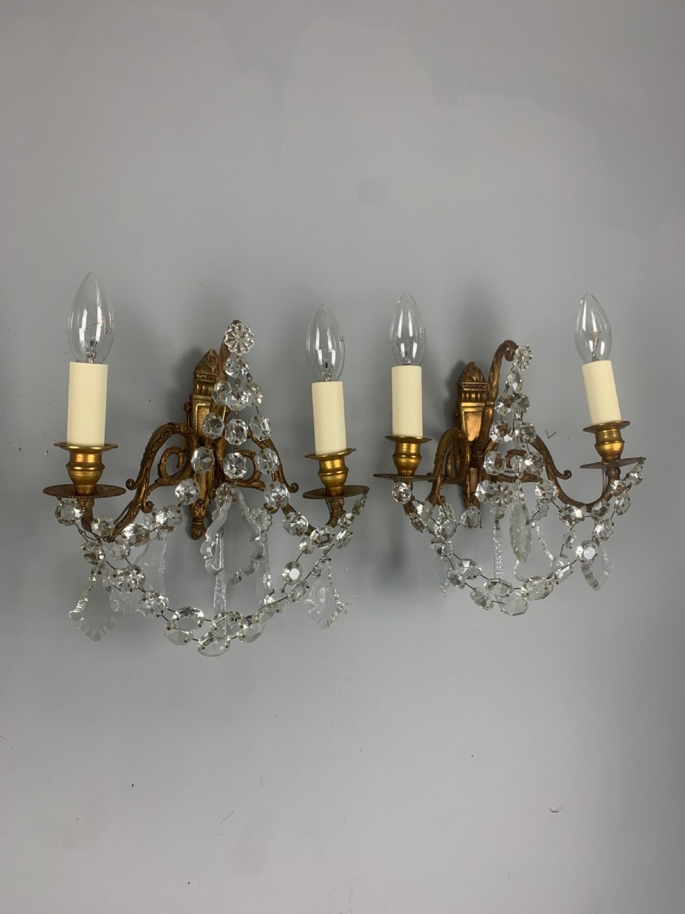 Pair of French Antique Wall Lights with Crystals View IV
