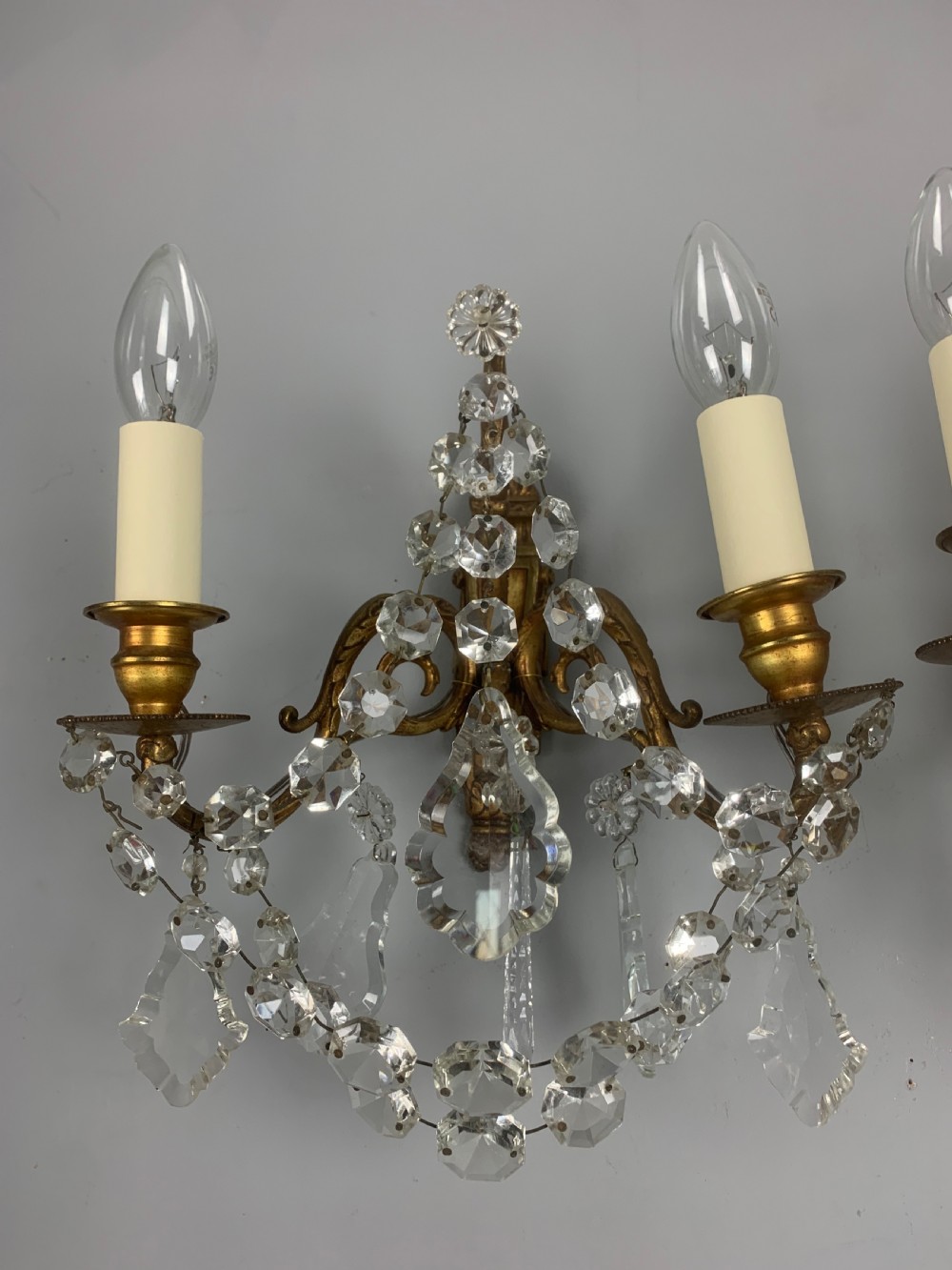 Pair of French Antique Wall Lights with Crystals View V