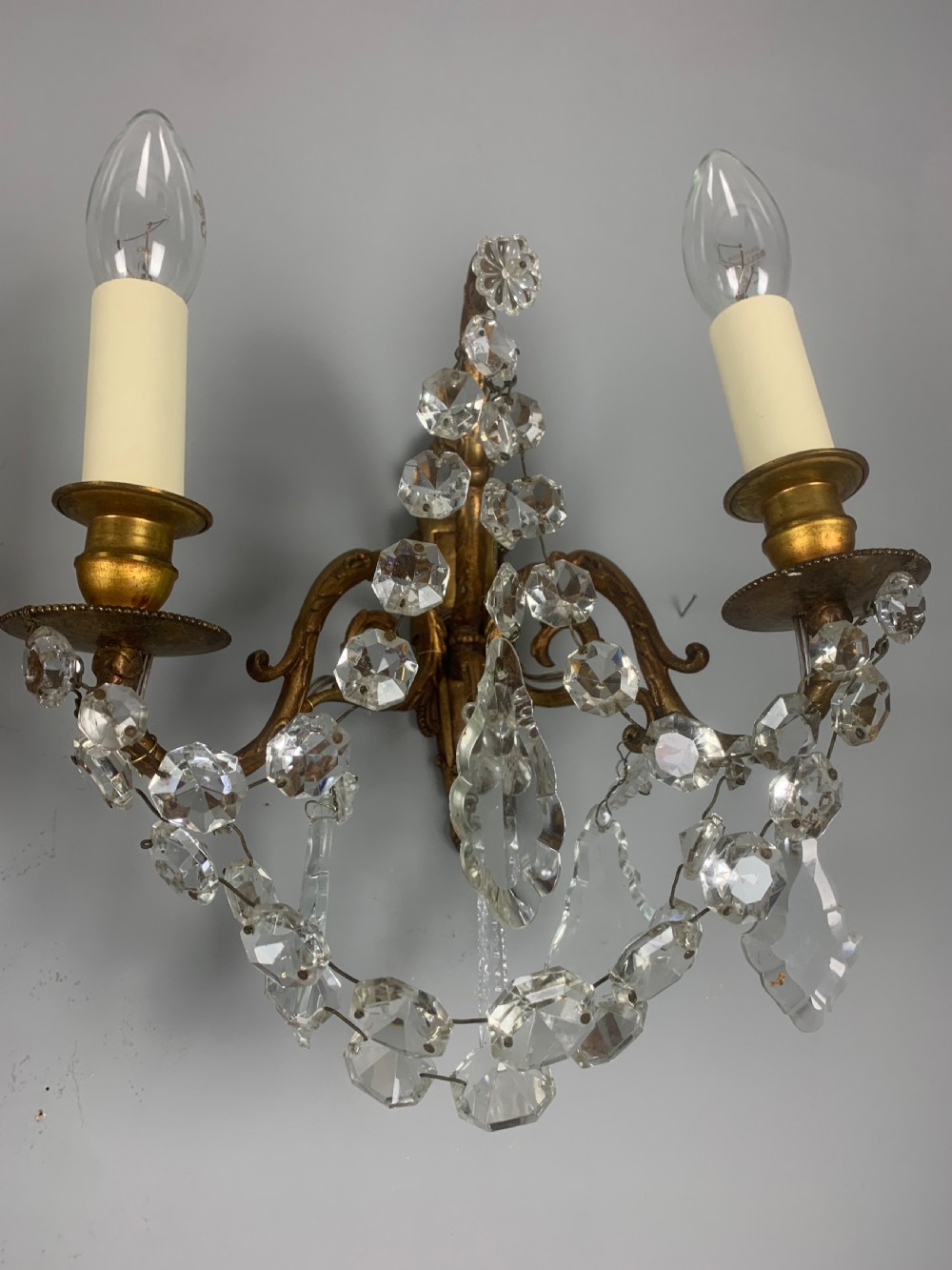 Pair of French Antique Wall Lights with Crystals View VI