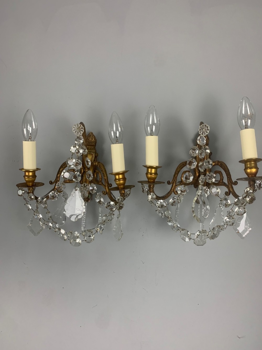 Pair of French Antique Wall Lights with Crystals View IX