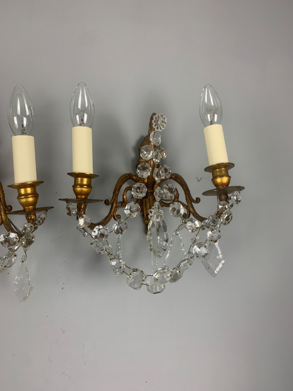 Pair of French Antique Wall Lights with Crystals View X
