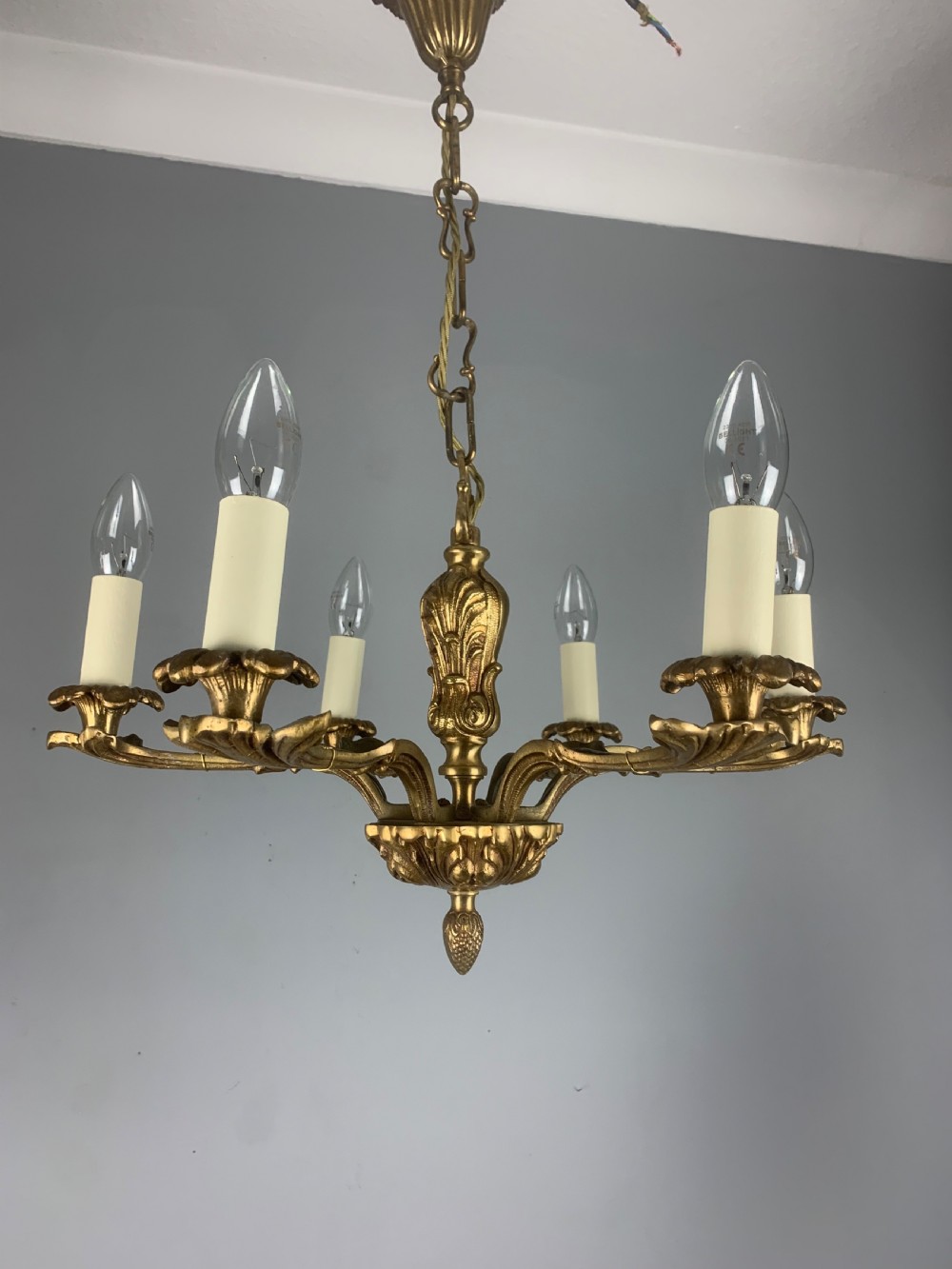 French 6 Light Gilt Brass Chandelier 