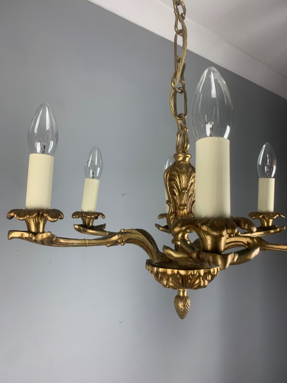 French 6 Light Gilt Brass Chandelier  View II