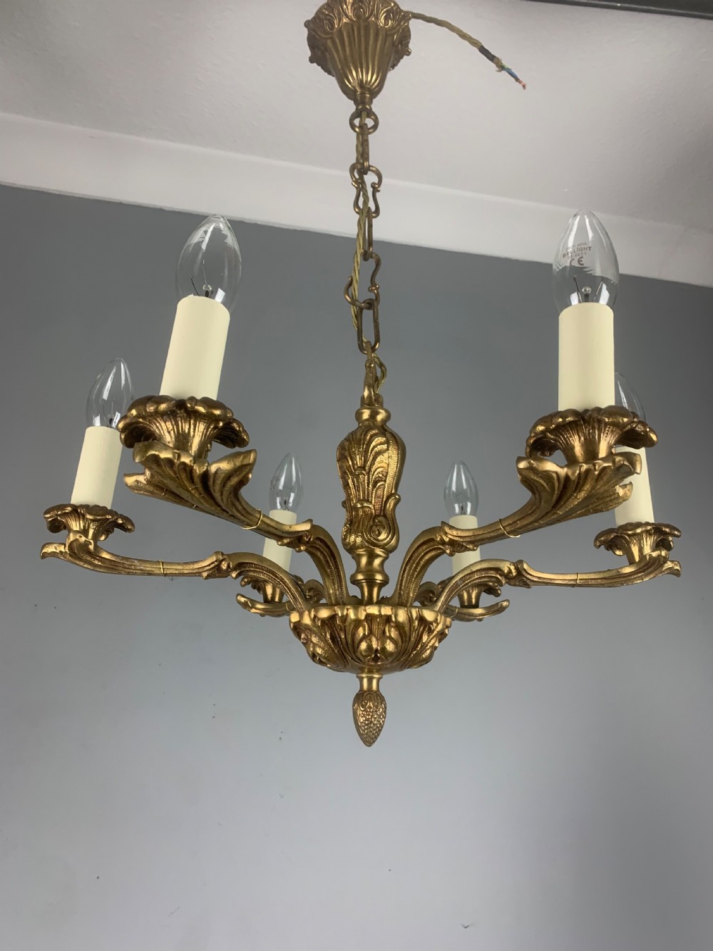 French 6 Light Gilt Brass Chandelier  View V