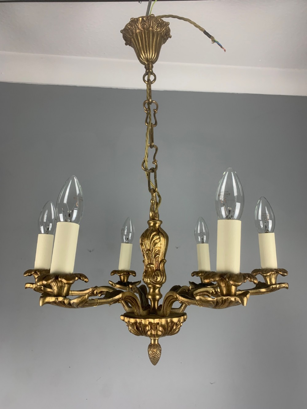 French 6 Light Gilt Brass Chandelier  View VII