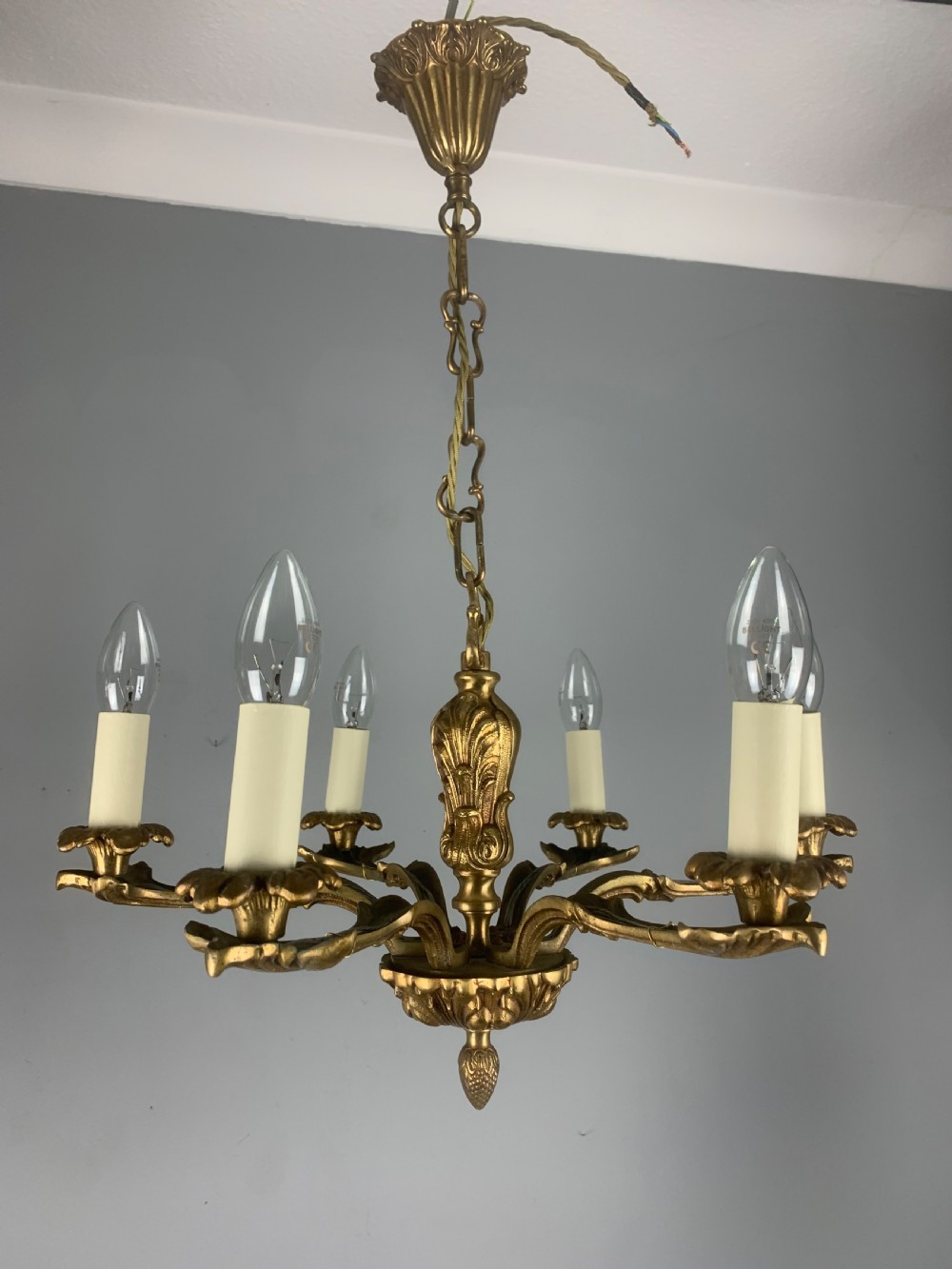 French 6 Light Gilt Brass Chandelier  View IX