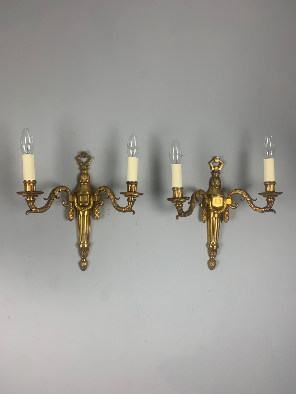 Pair of Heavy French Gilt Brass Antique Wall Lights 