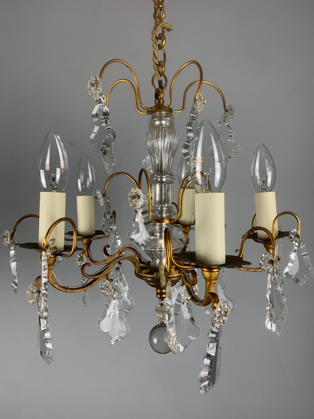 French Gilt Brass Crystal 5 Arm Antique Chandelier, Ceiling Light 