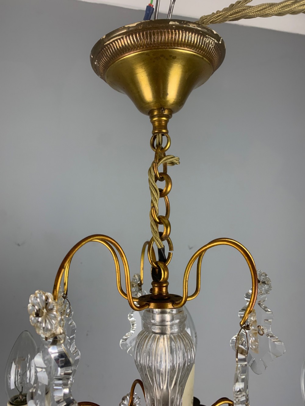French Gilt Brass Crystal 5 Arm Antique Chandelier, Ceiling Light  View II