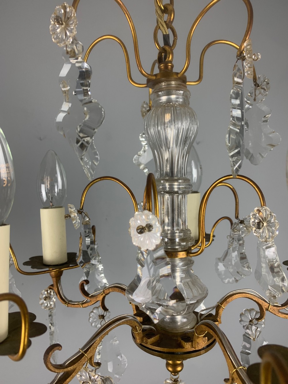 French Gilt Brass Crystal 5 Arm Antique Chandelier, Ceiling Light  View III