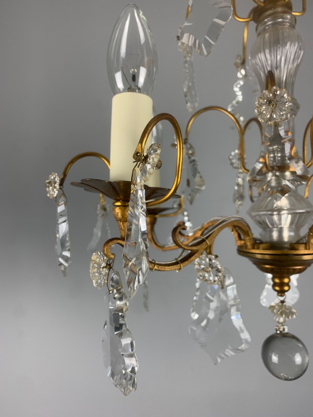 French Gilt Brass Crystal 5 Arm Antique Chandelier, Ceiling Light  View IV