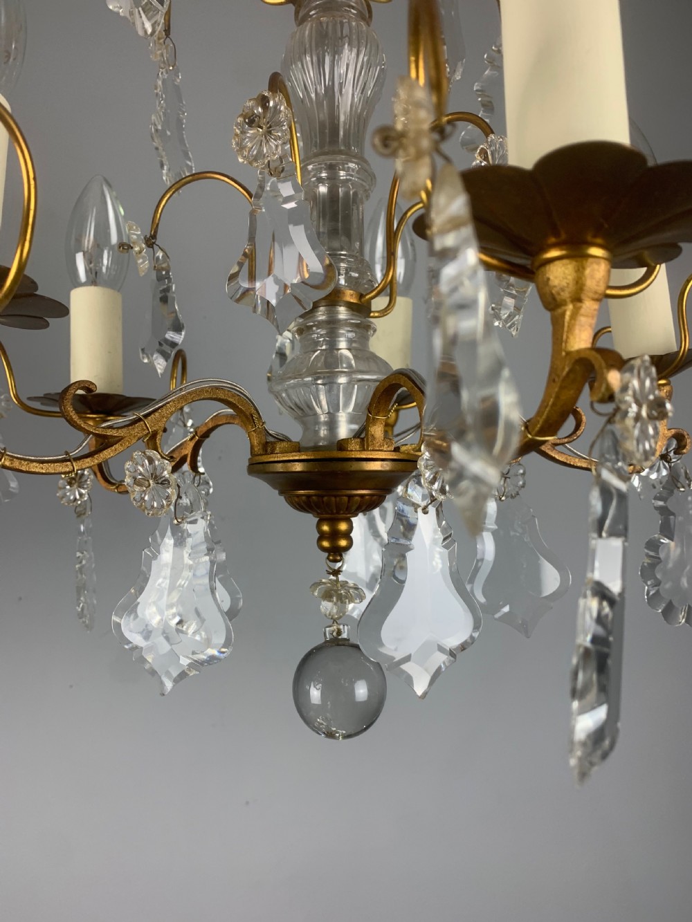 French Gilt Brass Crystal 5 Arm Antique Chandelier, Ceiling Light  View V