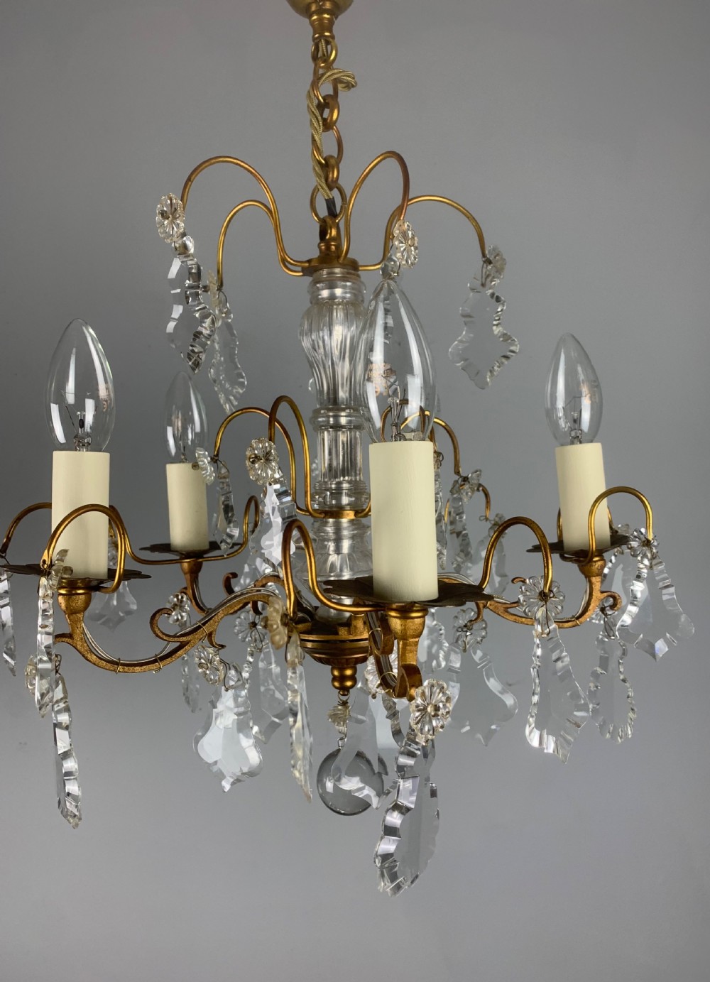 French Gilt Brass Crystal 5 Arm Antique Chandelier, Ceiling Light  View VII